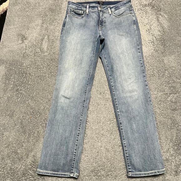 NYDJ Jeans Womens 10 Petite (33x30) Marilyn Straight Mid Rise Blue Denim Pants - Picture 1 of 11